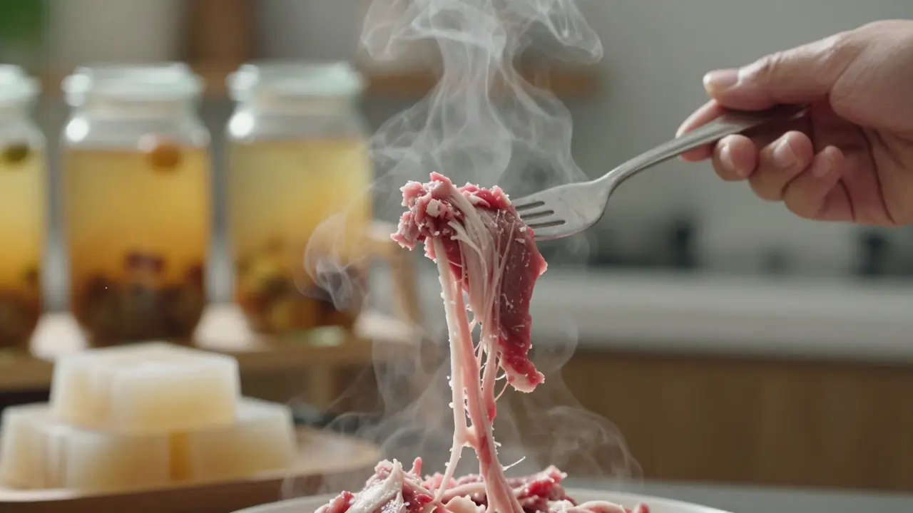 Vidlička rozpadá dusené maso na jemná vlákna, zatímco se pára uniká do vzduchu.