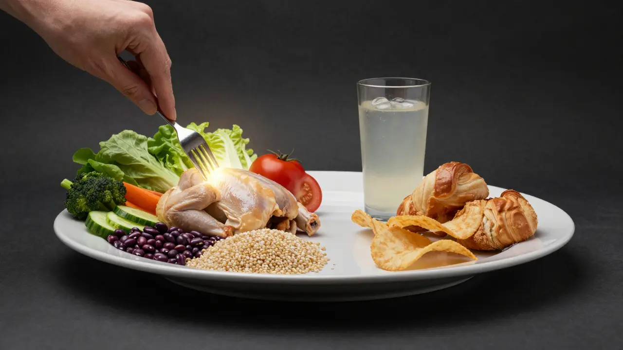 Vyvážená strava na jedné straně, zpracované potraviny na druhé.