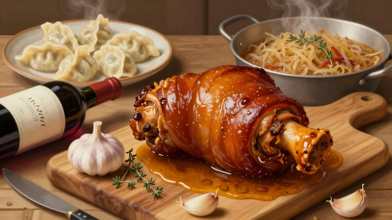 Zlatavě zaveďené vepřové koleno na dřevěné desce s omáčkou a kořením.