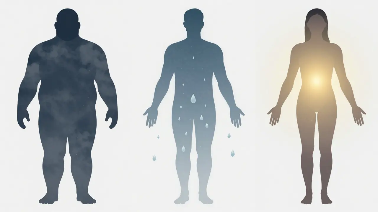 Abstraktní představa těla při přechodu z ukládání vody k spalování tuku během tří týdnů.