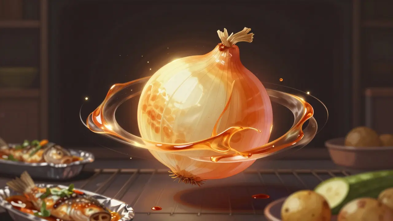 Celá cibule se přeměňuje v zlatý karamelový koule při pečení.