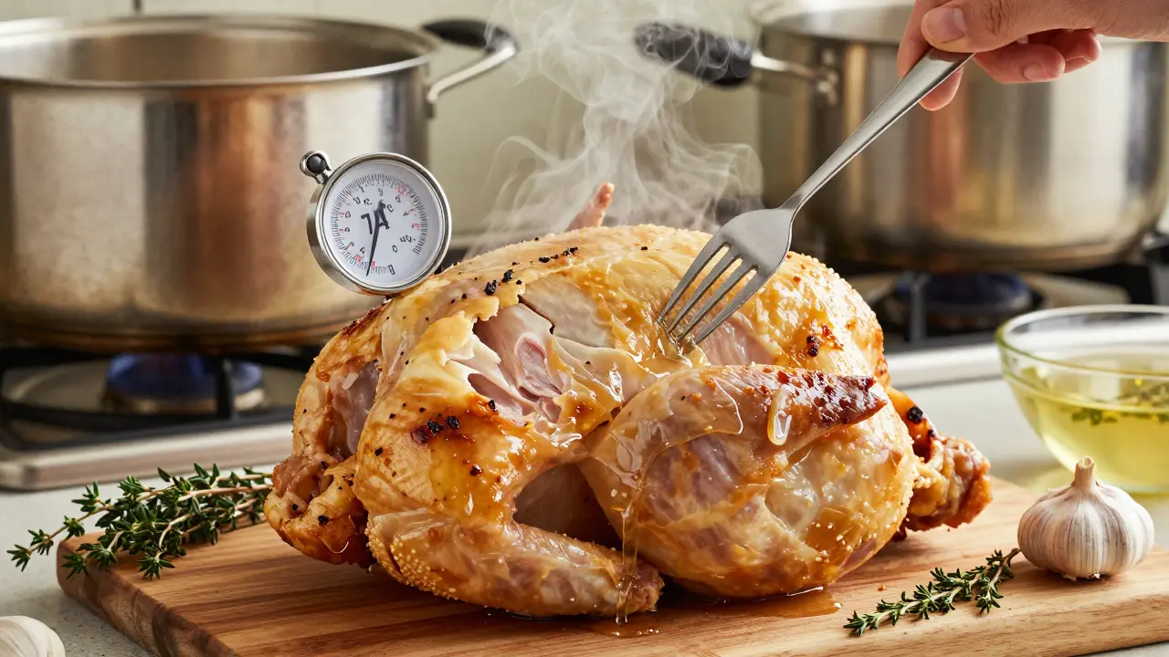 Celé kuře s teploměrem ukazujícím 74 °C a čistými výtoky při kontrole hotovosti.