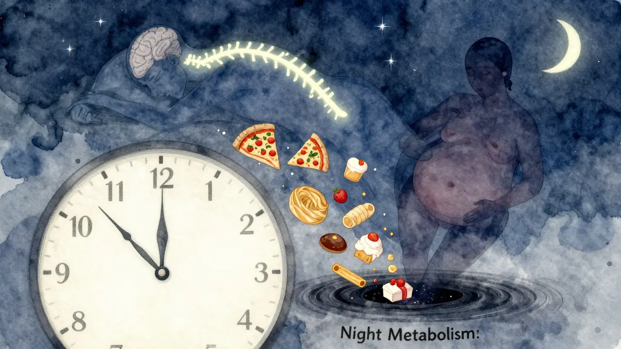 Hodiny ukazující pozdní večer s jídlem padajícím do tmy, symbolizující škodlivý vliv večerního jídelníčku na metabolismus.