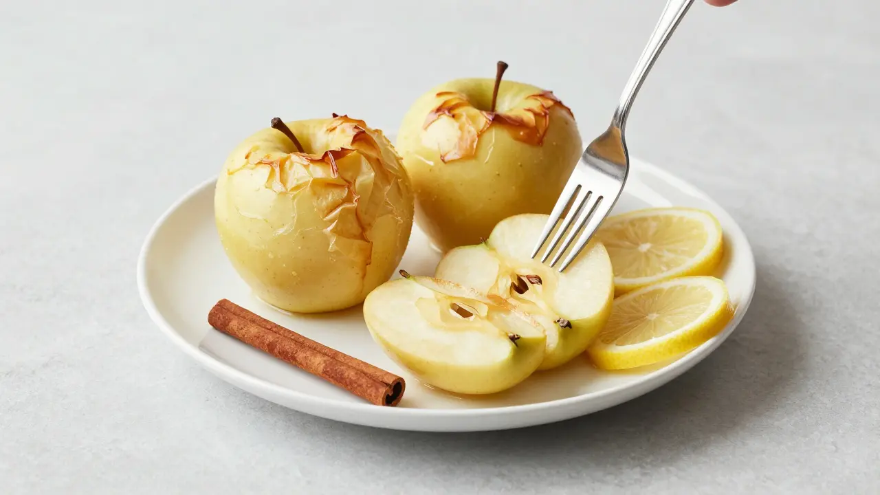 Hotová uvařená jablka na talíři s vidličkou pro kontrolu