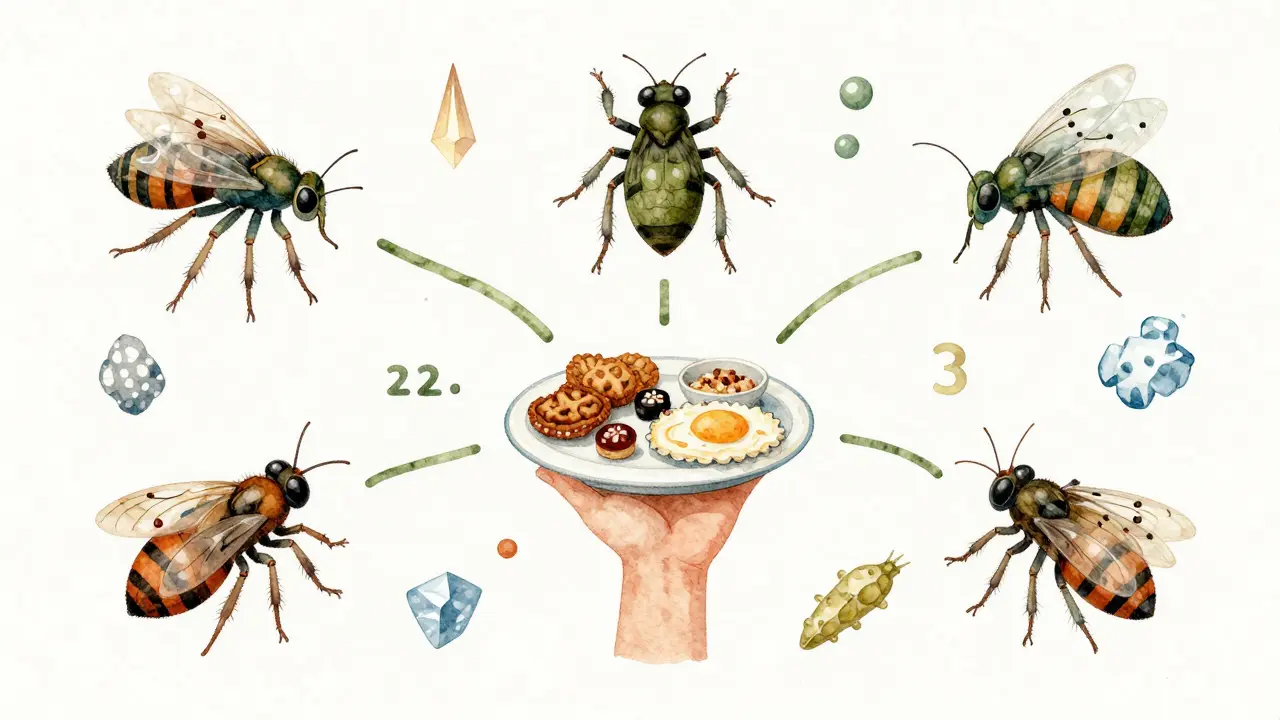 Kruhová ilustrace pěti skupin bezobratlých s výživovými symboly a českými potravinami