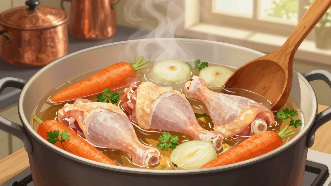 Kuřecí stehýnka a lýtko vařená v hrnci s mrkví, cibulí a petrželkou.