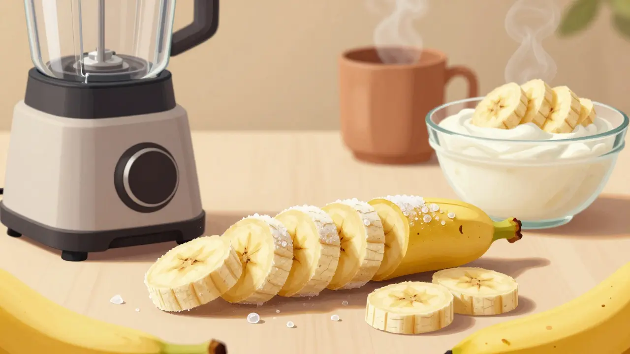 Nakrájené kousky banánu připravené na smoothie s několika zamraženými kousky.