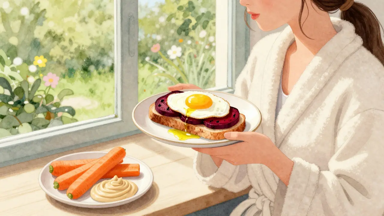 Osoba jí špenátovou omeletu s pečenou řepou a mrkví na ranní snídani.