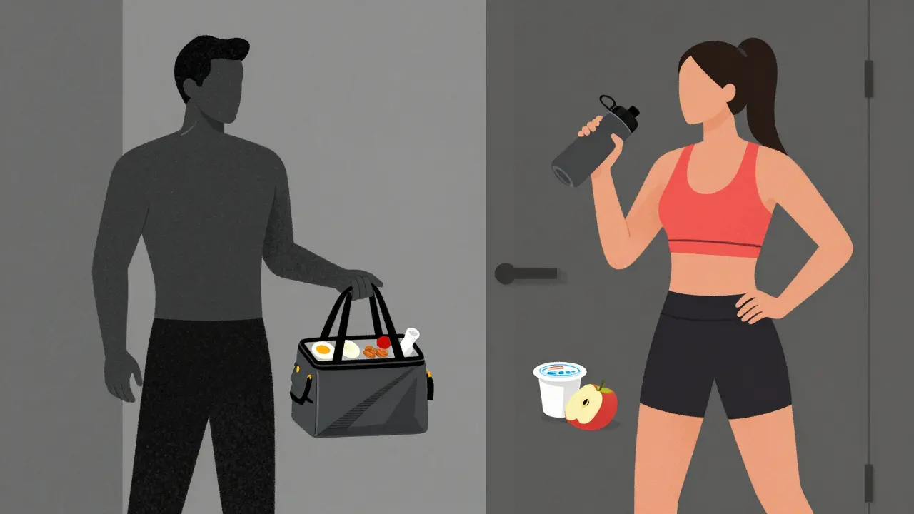 Osoba s chlazenou taškou a vodou před třídnou, symbolizující správnou výživu pro začátečníky.