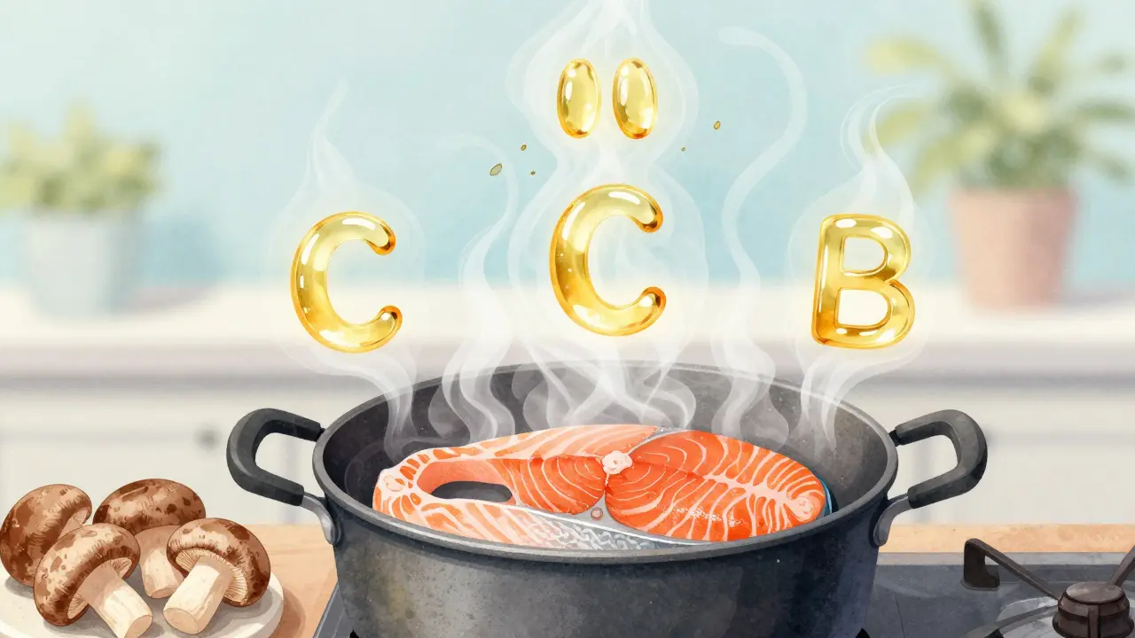 Pára tvořící vitamíny a omega-3 kolem pářeného lososa a hub ve výrazných zelených a modrých tónech