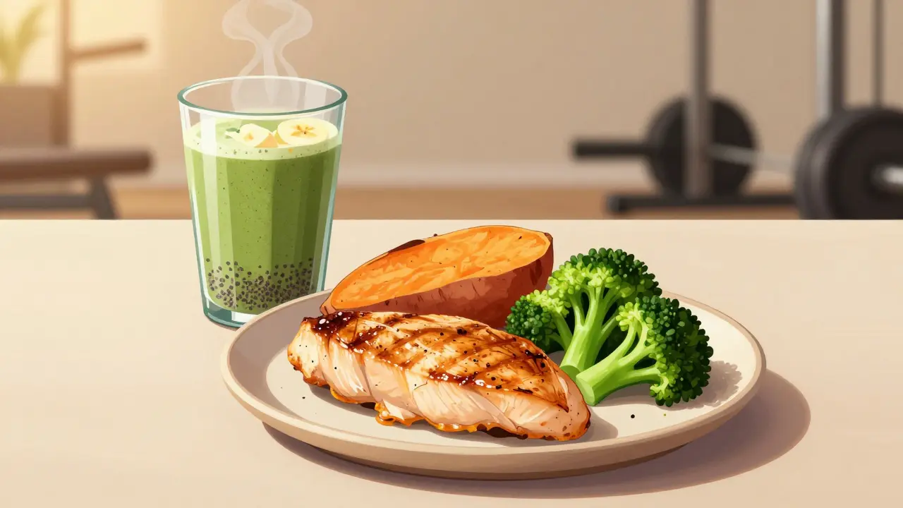 Po tréninku jídlo s kuřecím prsím, sladkou bramborou a brokolice, doplněné smoothiem.