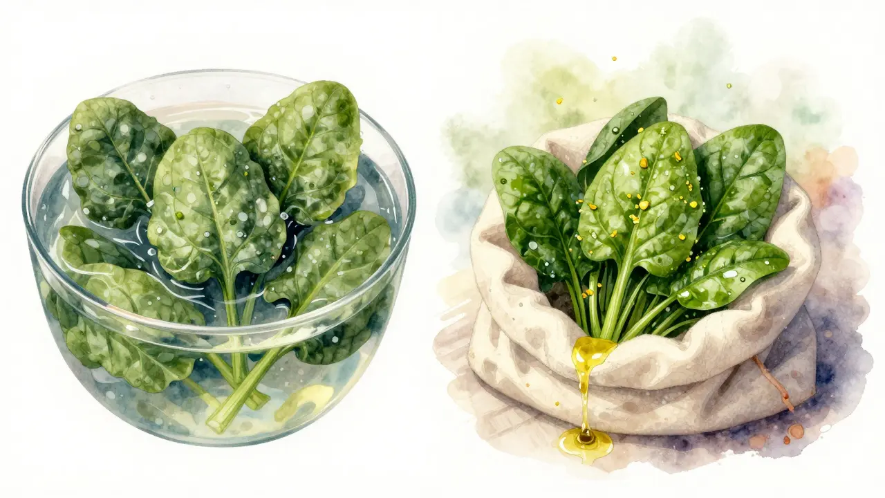 Porovnání špinavého, ztmaveného špenátu a jasně zeleného špenátu po správném přejití varem.