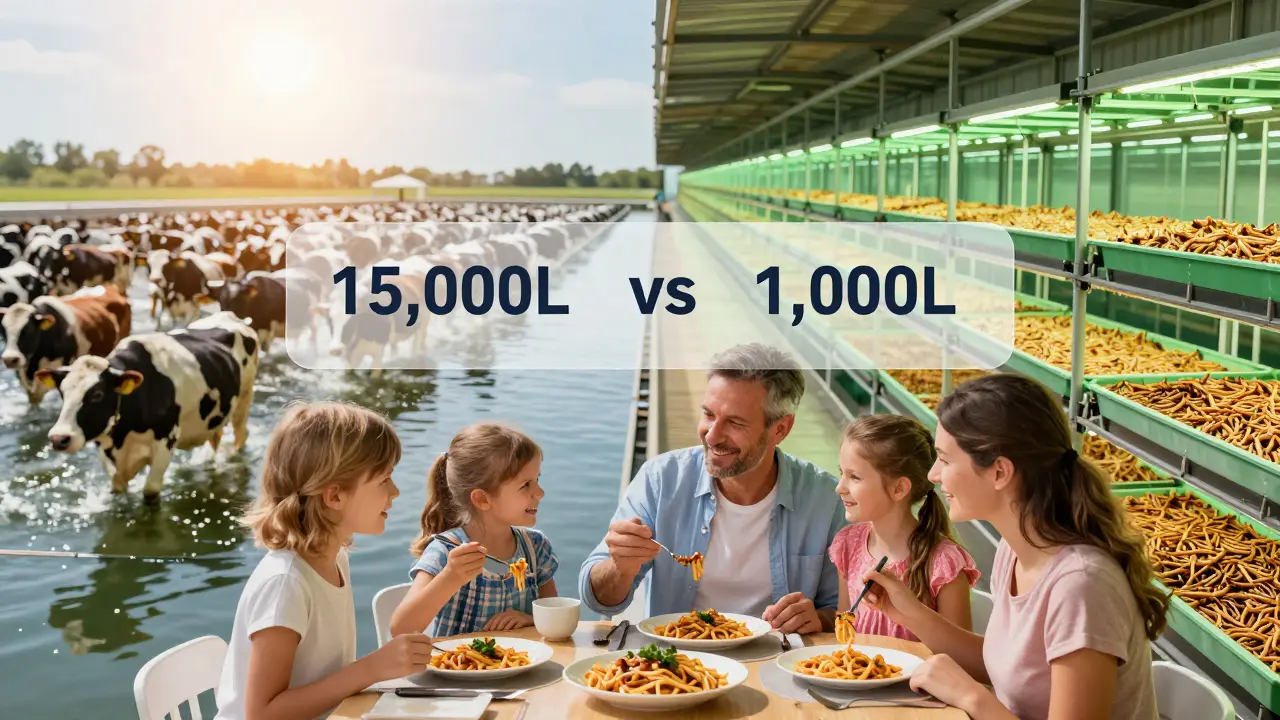 Porovnání výroby hovězího masa a hmyzu: voda, farmy a rodina konzumující hmyzové potraviny