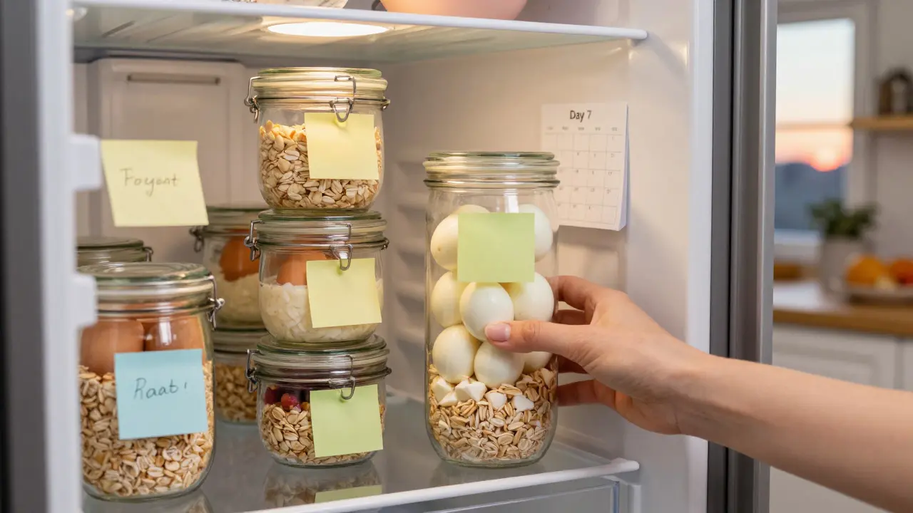 Připravené snídaně v skleněných nádobách v lednici s poznámkou 'Den 7'