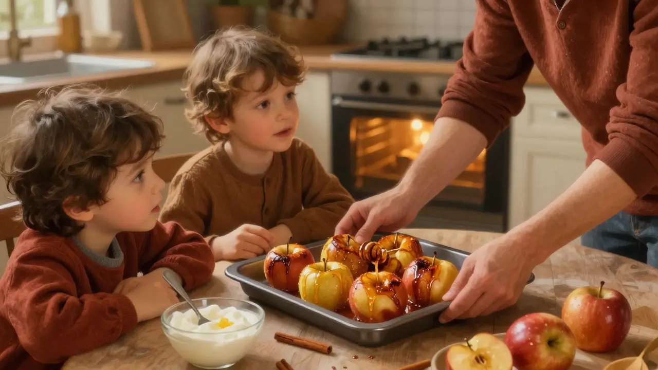 Rodina pozoruje pečená jablka s medem a skořicí na stole.