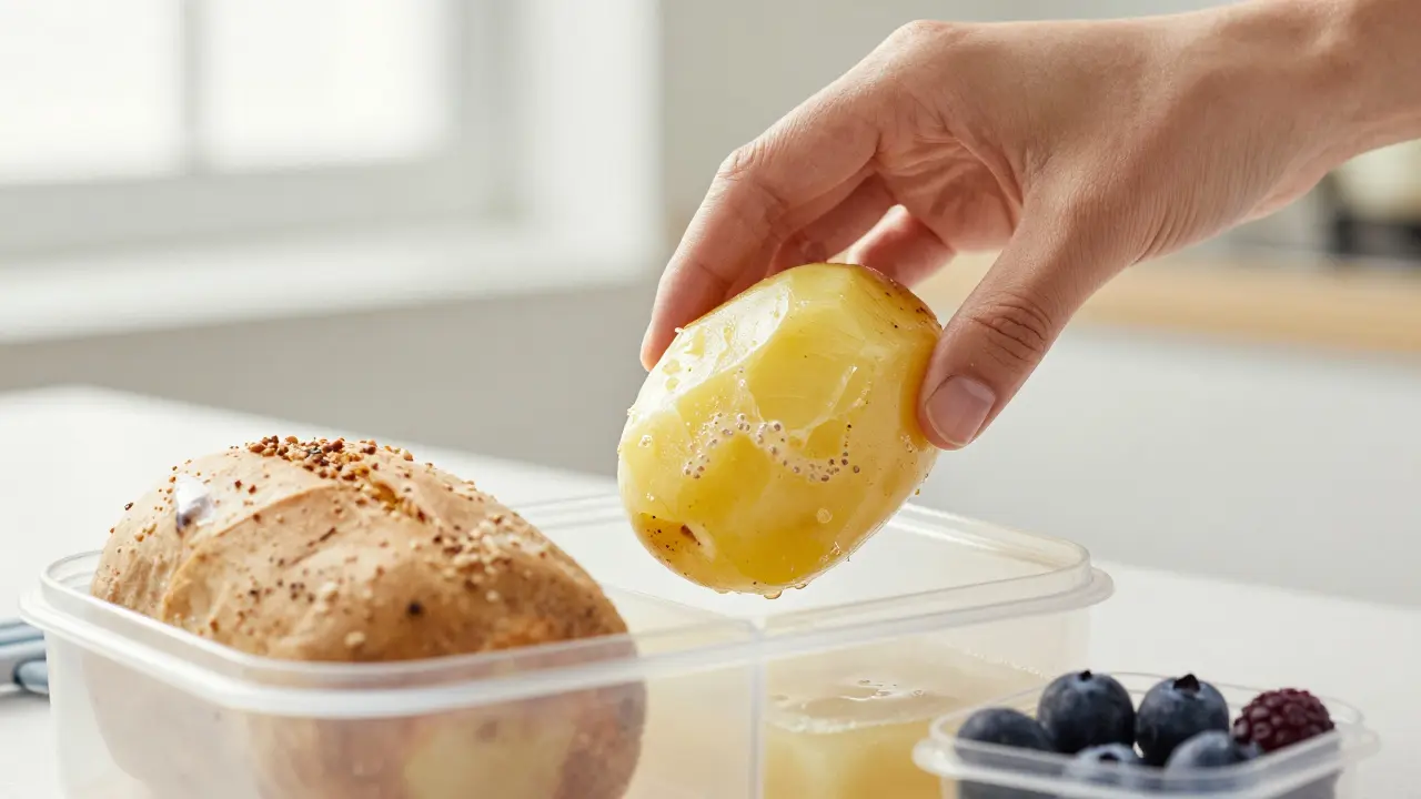 Ruce balícejí ochlazenou bramboru a celozrnný chléb do obalové krabičky, s přehledem rezistentního škrobu.