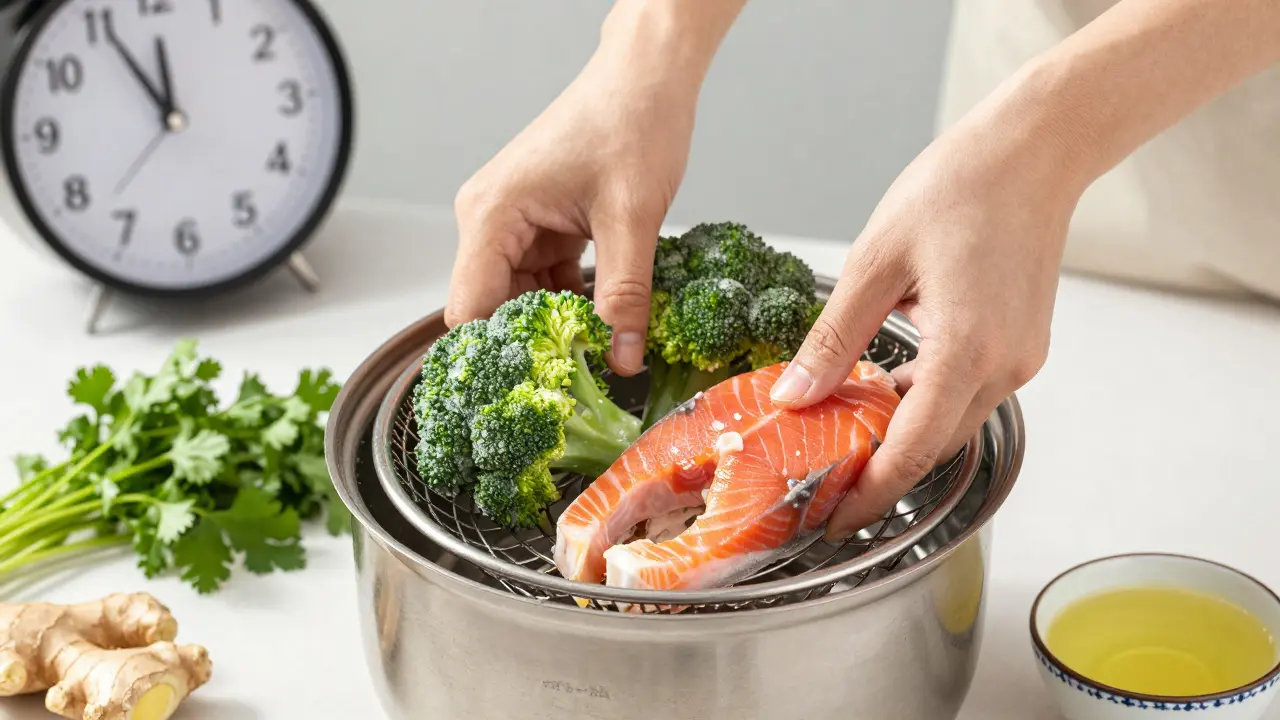 Ruce vkládají mraženou zeleninu a lososa do parníku s koriandrem a zázvorem na pozadí