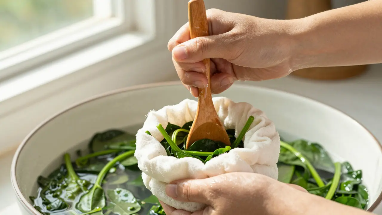 Ruka lehce vymačkává přejitý špenát z kuchařského hadříku s nádobami na pozadí.