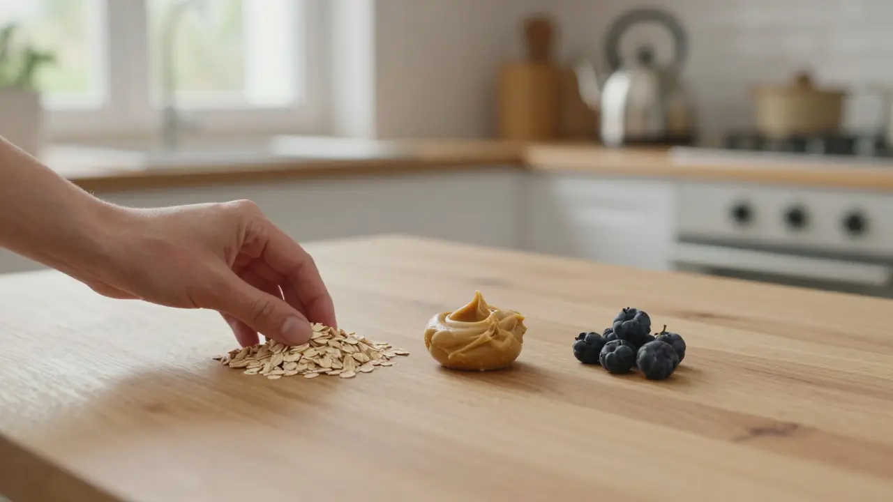 Rukou ukládané tři jednoduché složky vyvážené stravy: ovesné vločky, mandlová pasta a bobule.