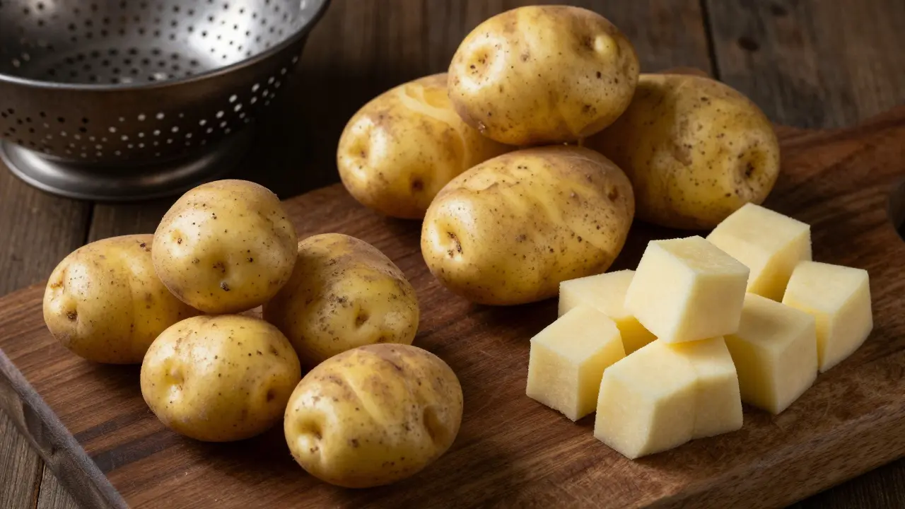 Různé druhy syrových brambor a nakrájené kousky na prkénku.