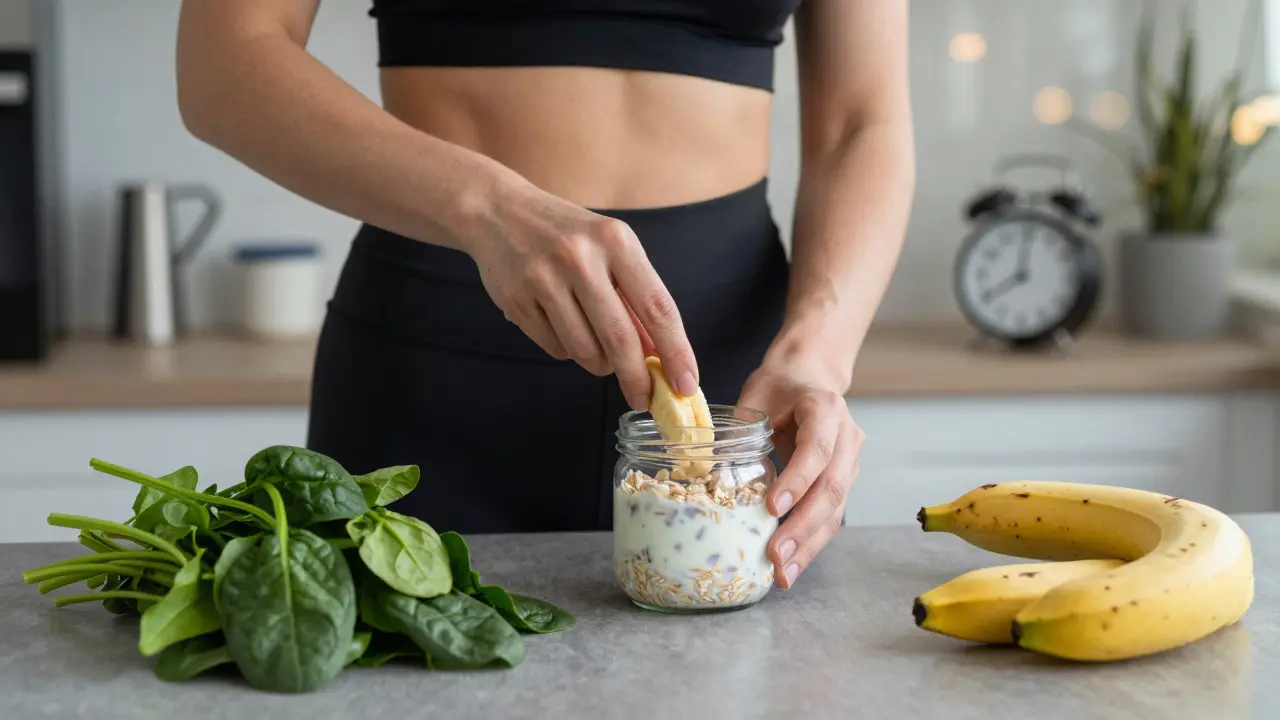 Rychlá příprava kefíru s ovesnými vločkami a banánem ve sklenici večer.