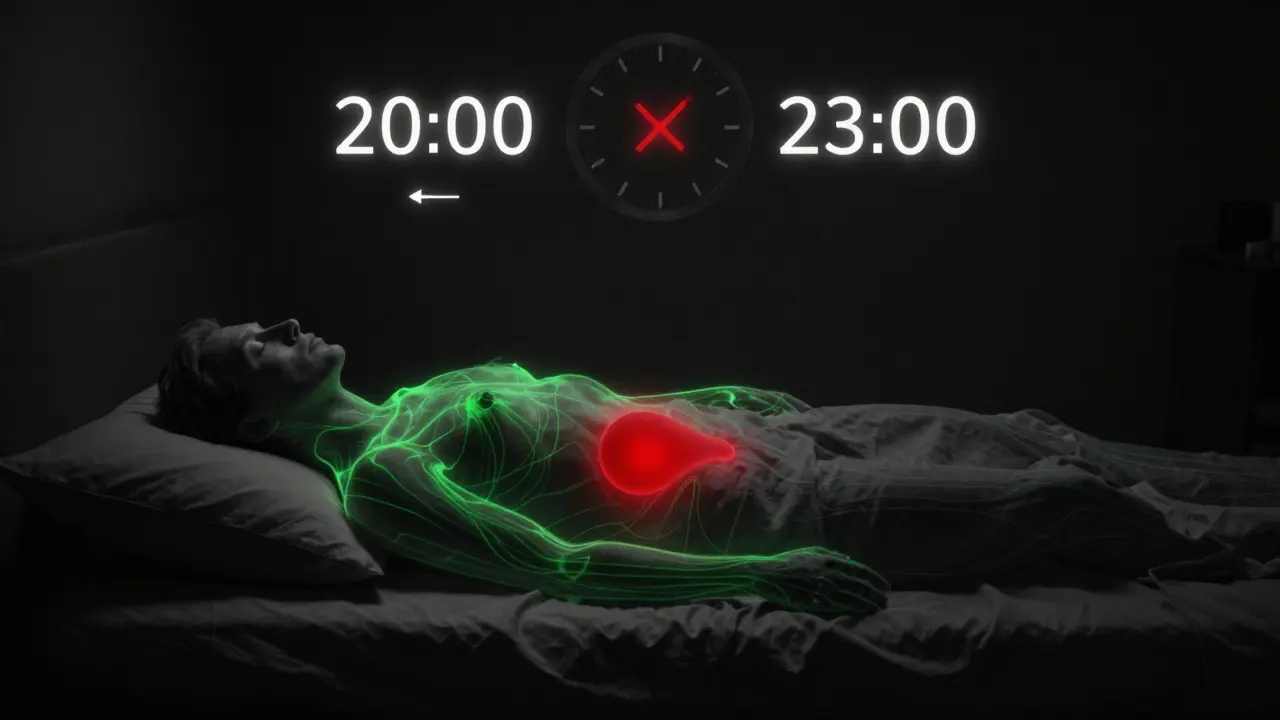 Spící člověk s osvětlenými biologickými procesy, kde večerní jídlo blokuje obnovu těla, zatímco regenerace probíhá jen částečně.