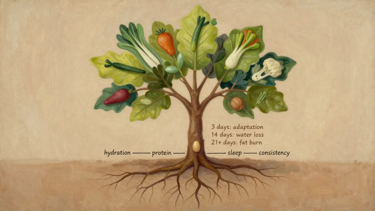 Strom s kořeny označenými klíčovými principy zdravé výživy, symbolizující pomalý, přirozený proces hubnutí.