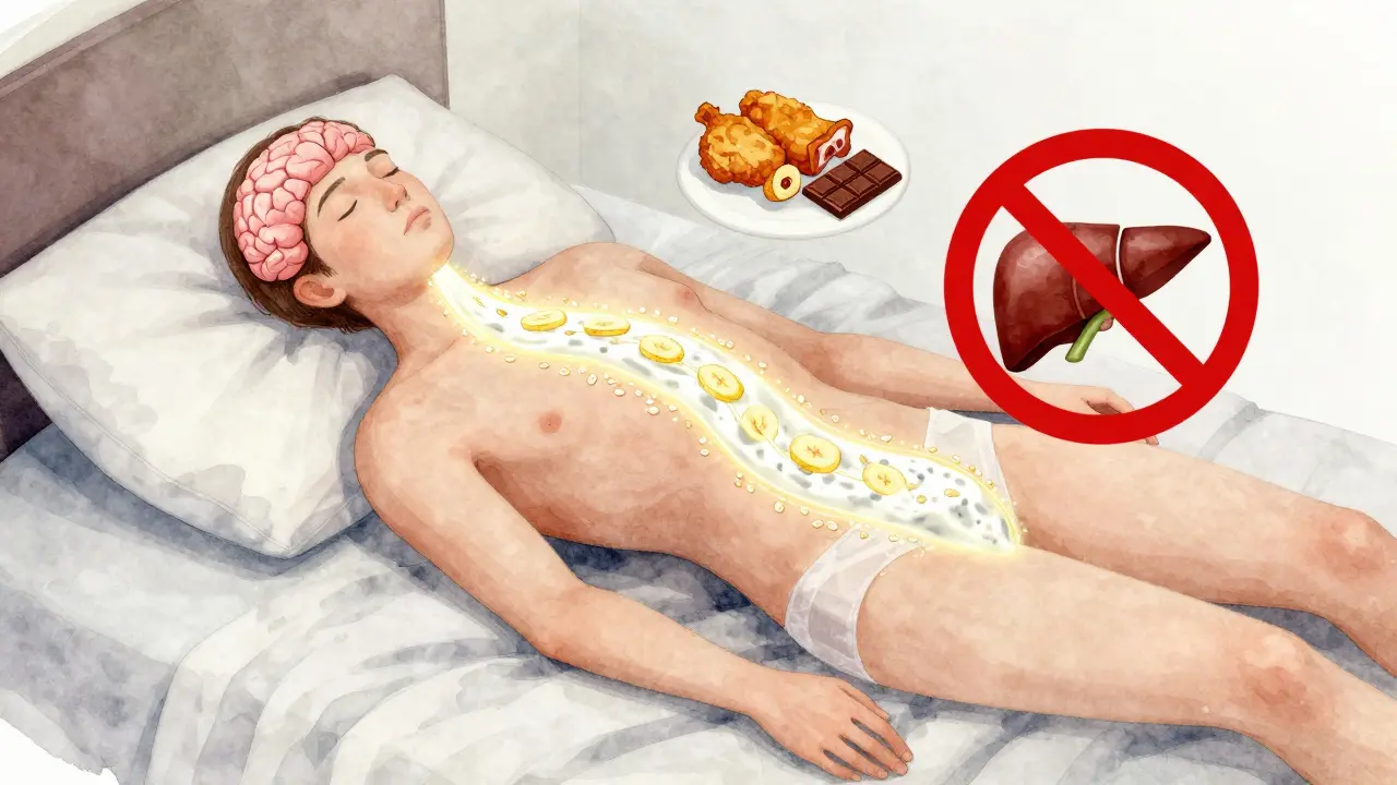 Tělo v režimu obnovy, s lehkými potravinami cestujícími k mozku a zastavenými těžkými jídly.