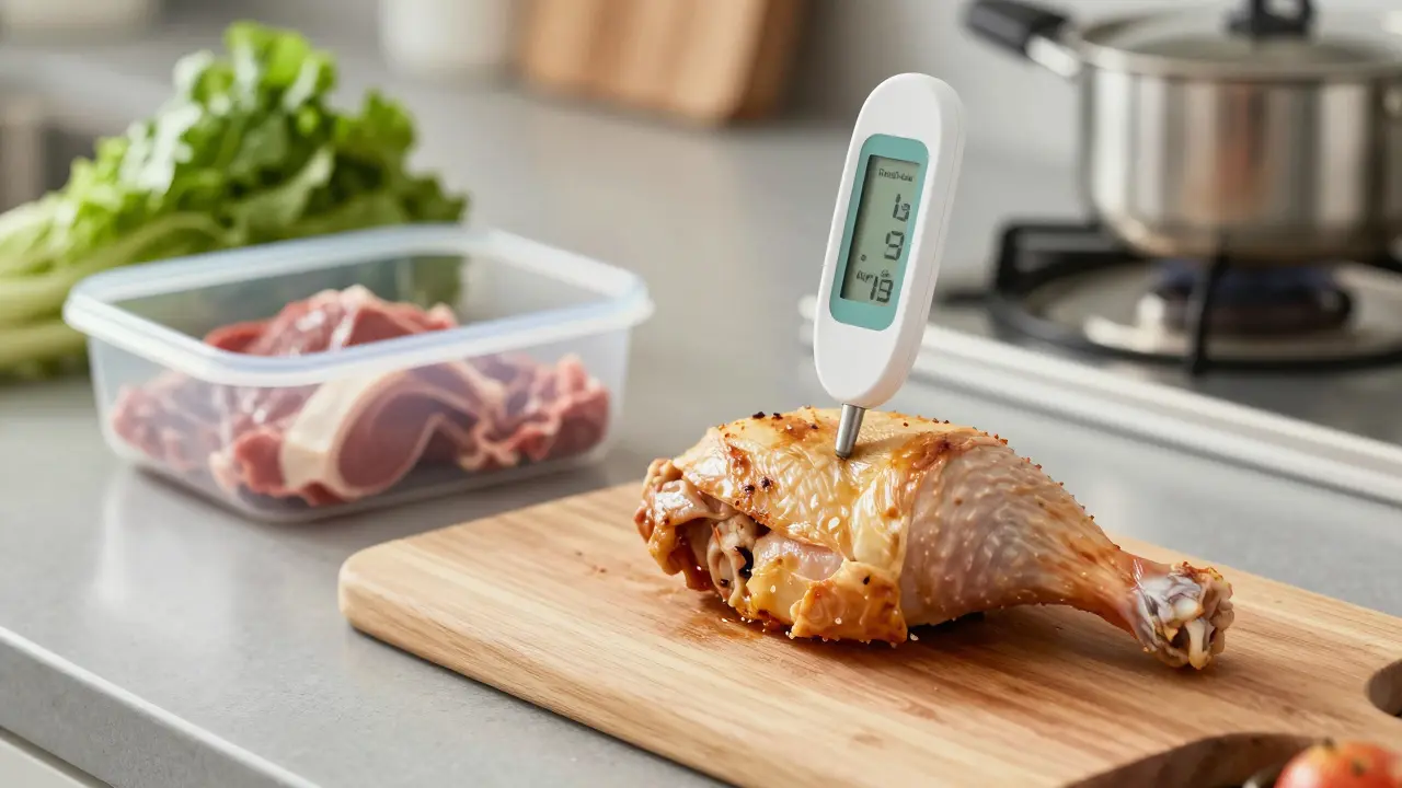 Teploměr měří teplotu uvnitř pečeného kuřete na dřevěném prkénku.