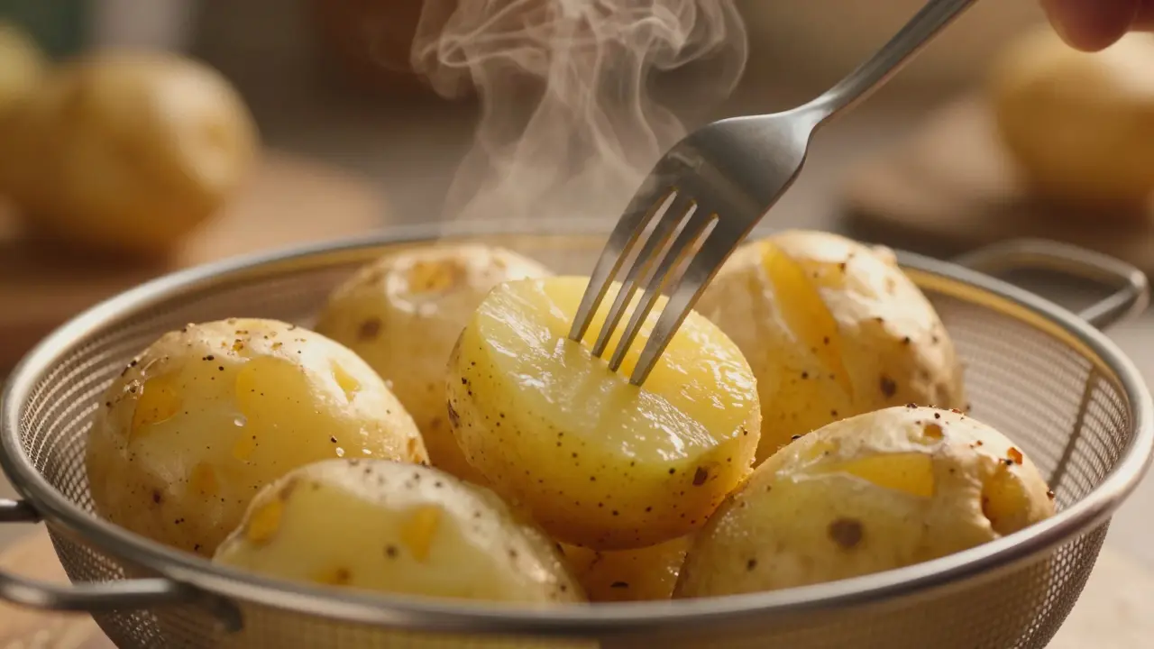 Testování měkkosti uvařené brambory pomocí vidličky.