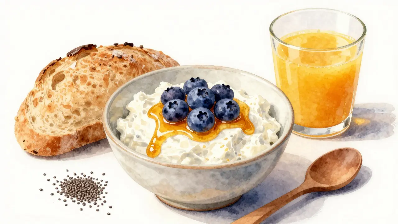 Tvaroh s borůvkami a medem na dřevěném stole s ranním světlem