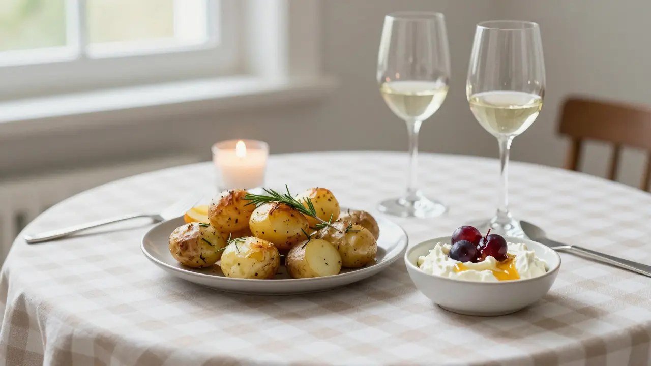 Zapečené brambory s česnekem a tvarohem se švestkami na kobercové ubrusu s svíčkou.