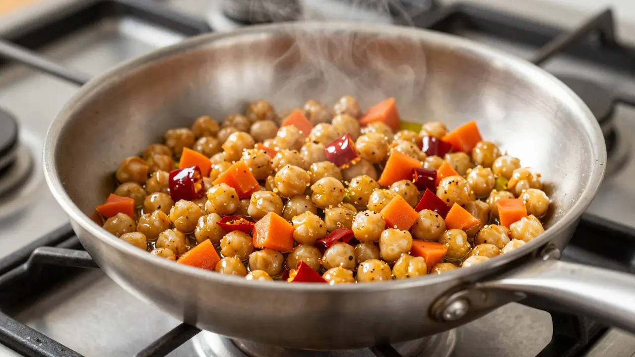 Zblízka pánve s restovanou cizrnu a zeleninou na sporáku