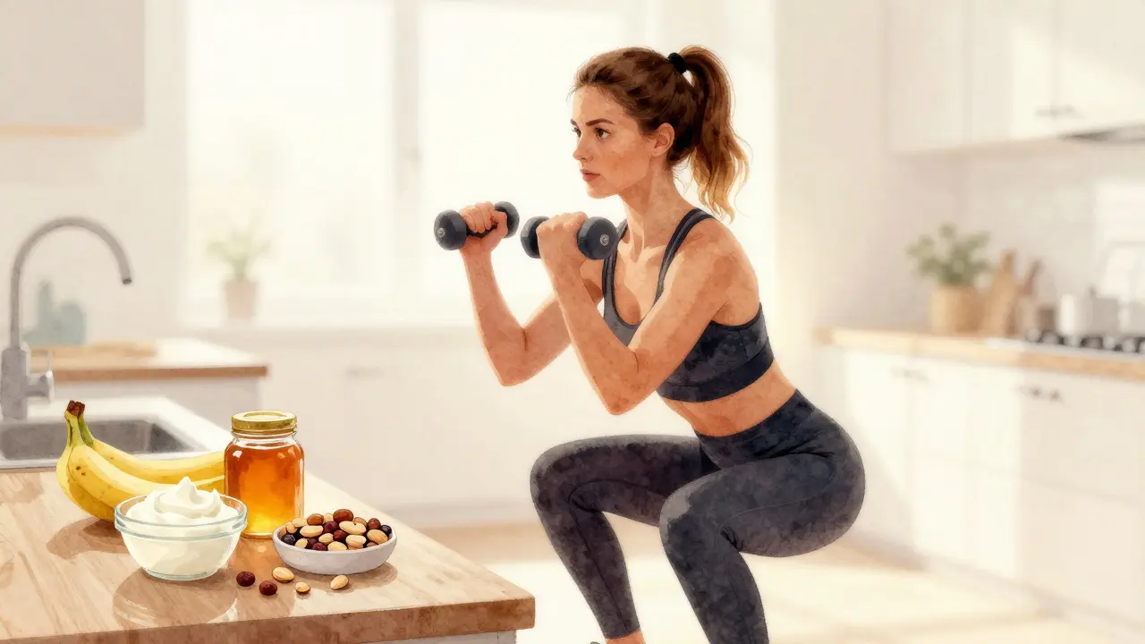 Žena dělá lehké cvičení s činkami, kolem ní jsou zdravé potraviny jako tvaroh a ořechy.