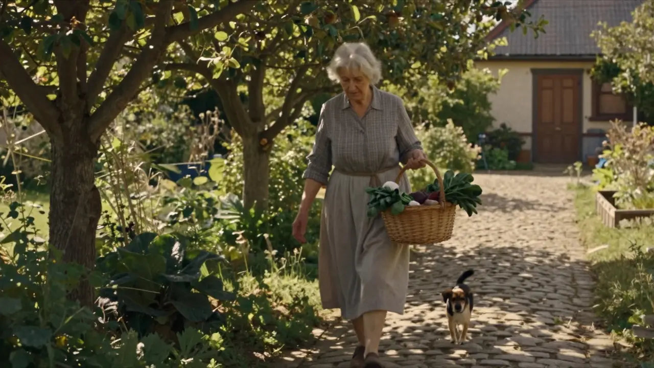 Žena se prochází zahradou po obědě s košíkem čerstvé zeleniny a psem za sebou.