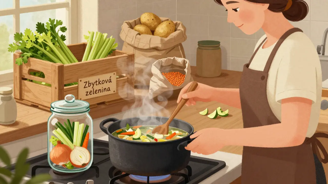 Žena vaří domácí zeleninovou polévku ze zbytků zeleniny v kuchyni.