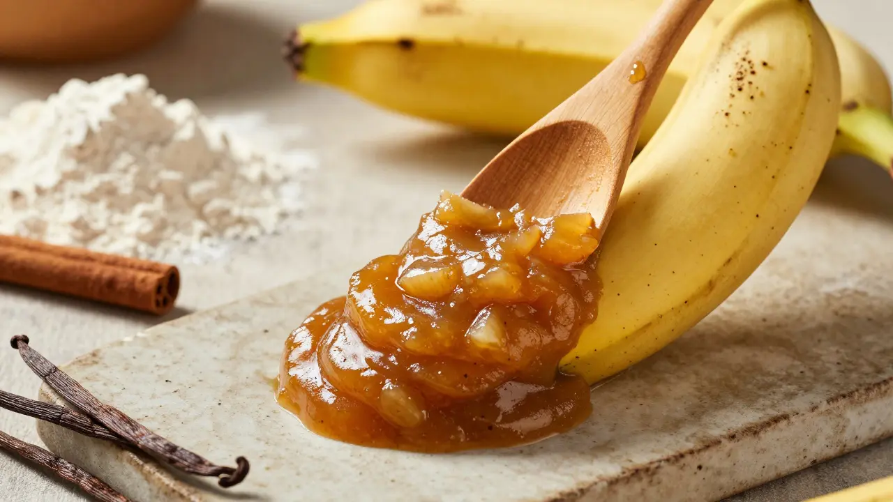 Zralý banán rozmačkaný do hladké hmoty s kuchyňskými surovinami kolem.