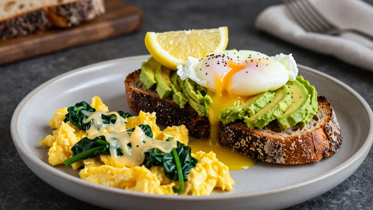 Avokádový toast s pošírovaným vejcem a míchaná vejce se špenátem na talíři.