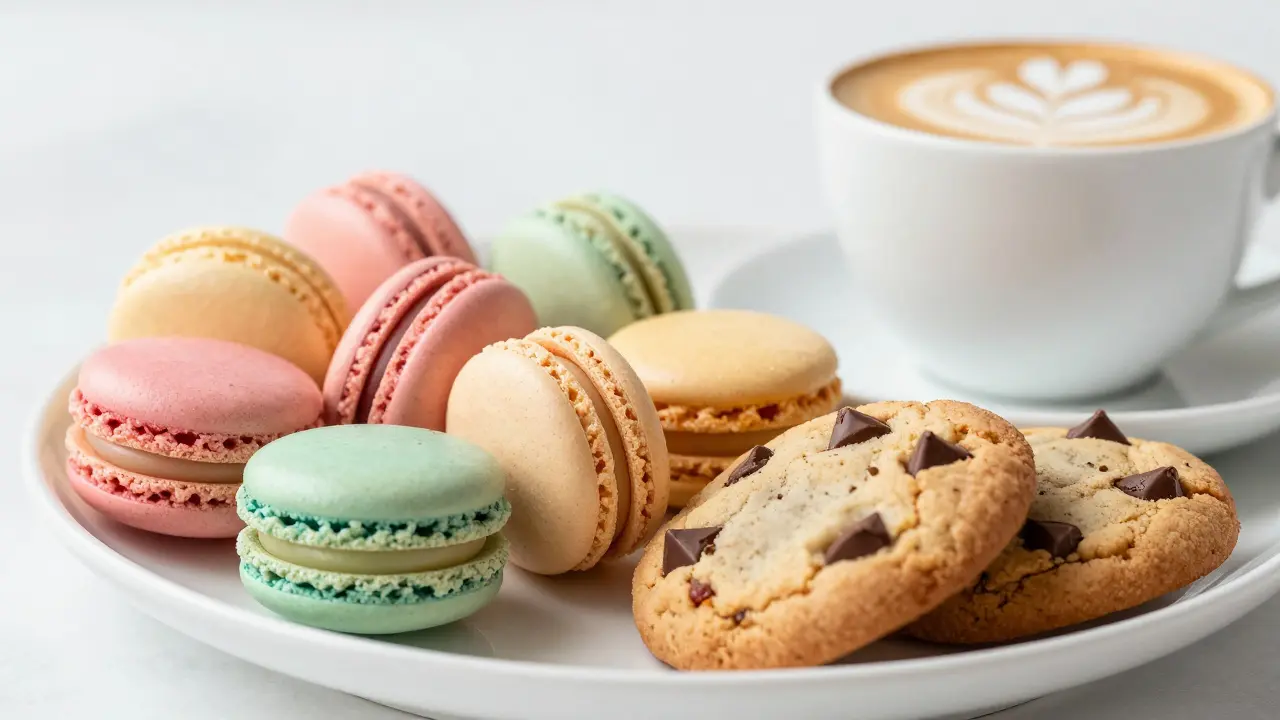 Barevné macarons a americké cookies vedle šálku cappuccina