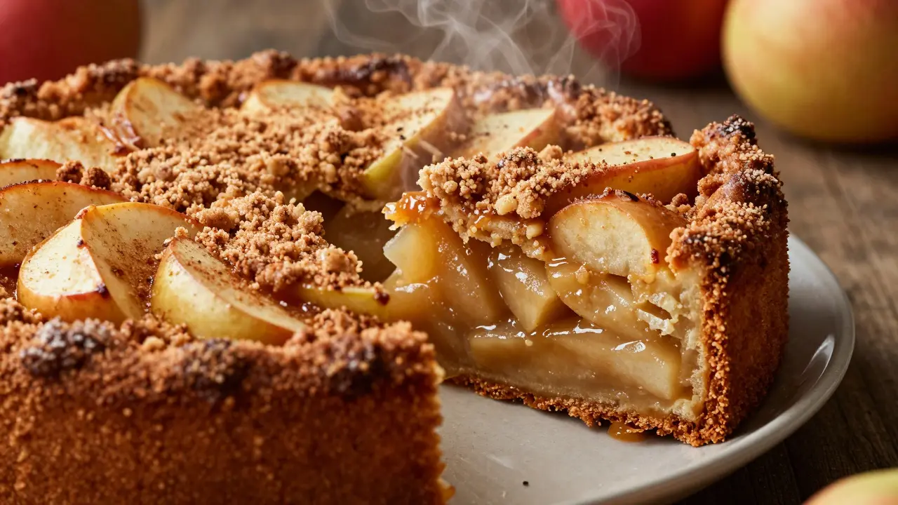 Čerstvě upečený jablečný záklabáč s křupavou skořicovou posypkou.