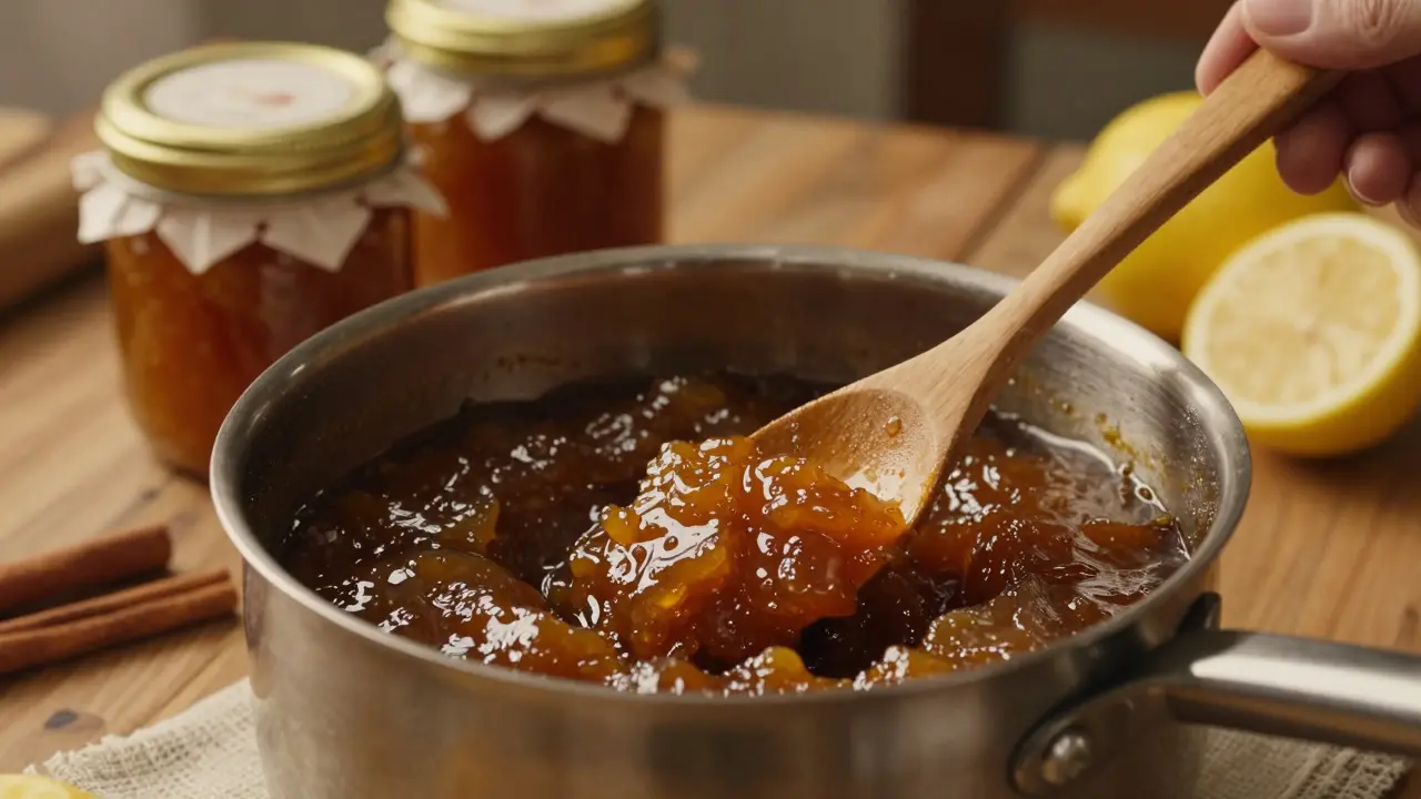 Husté tmavé jablečné povidla v hrnci s skořicí.