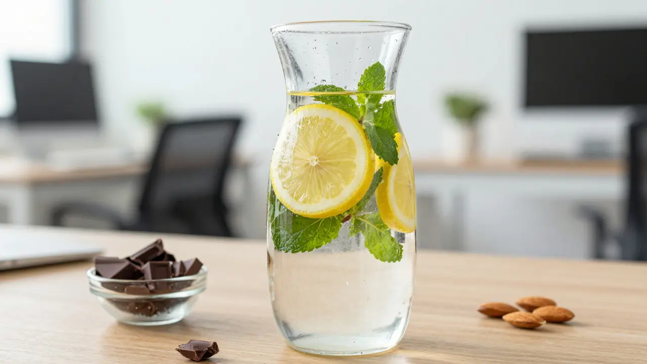 Karafka vody s citronem a mátou vedle mandlí a tmavé čokolády na stole.