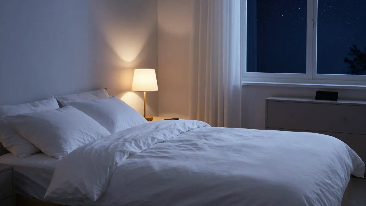 Klidná ložnice s tlumeným osvětlením připravená pro kvalitní regenerativní spánek.