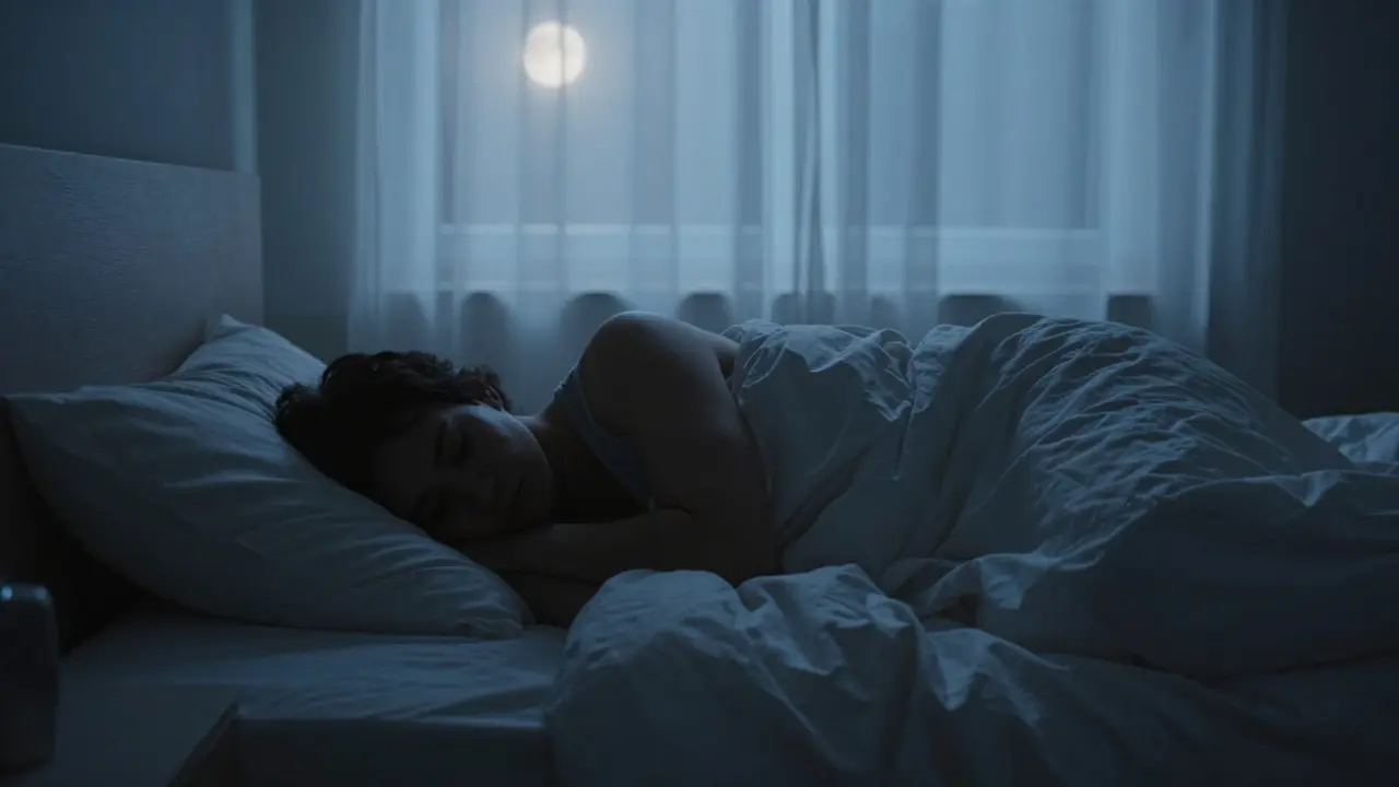 Klidná ložnice v noci, osoba spící pro regeneraci těla.