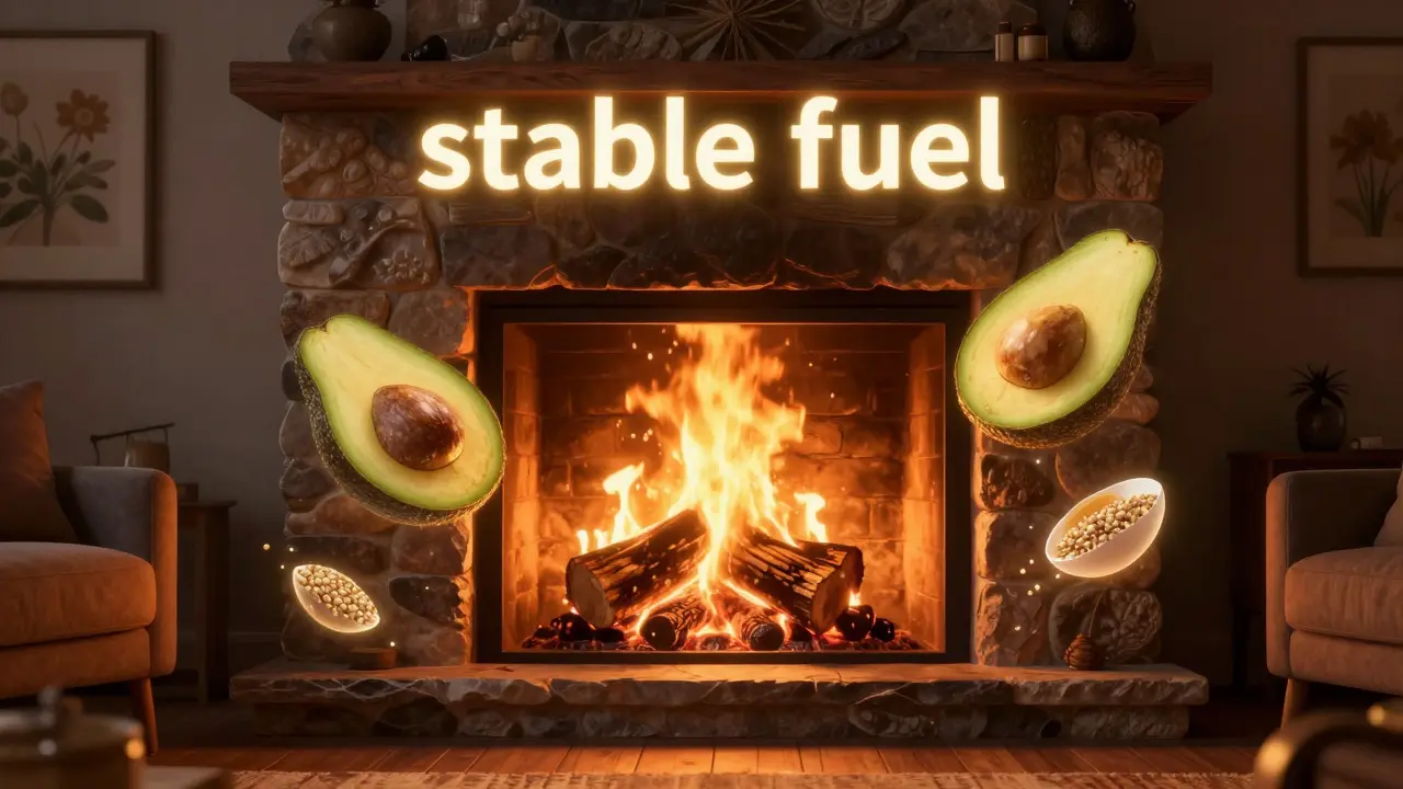 Koncept stabilní energie znázorněný jako pomalu hořící krb s plátky avokáda.