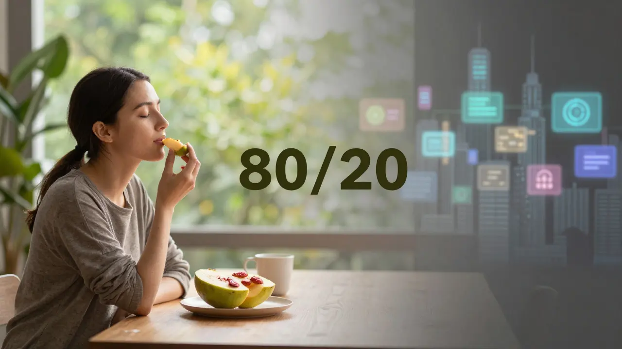 Konceptuální obraz vědomého stravování a vnitřního klidu v kontrastu s moderním spěchem.