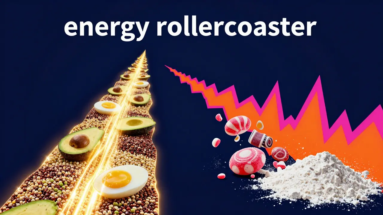 Konceptuální zobrazení stabilní energie z komplexních sacharidů versus cukrové výkyvy.