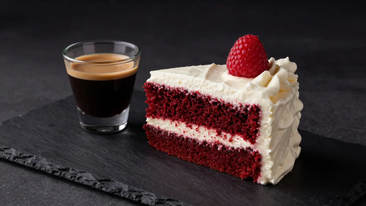 Kousek dortu Red Velvet s krémem a šálkem silného espressa