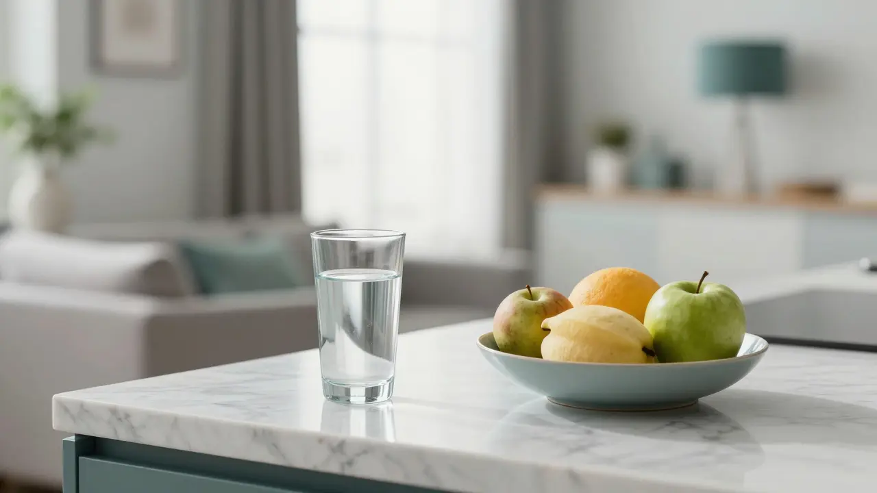 Minimalistická kuchyně s voda a ovocem reprezentující intermitní půst a klid.