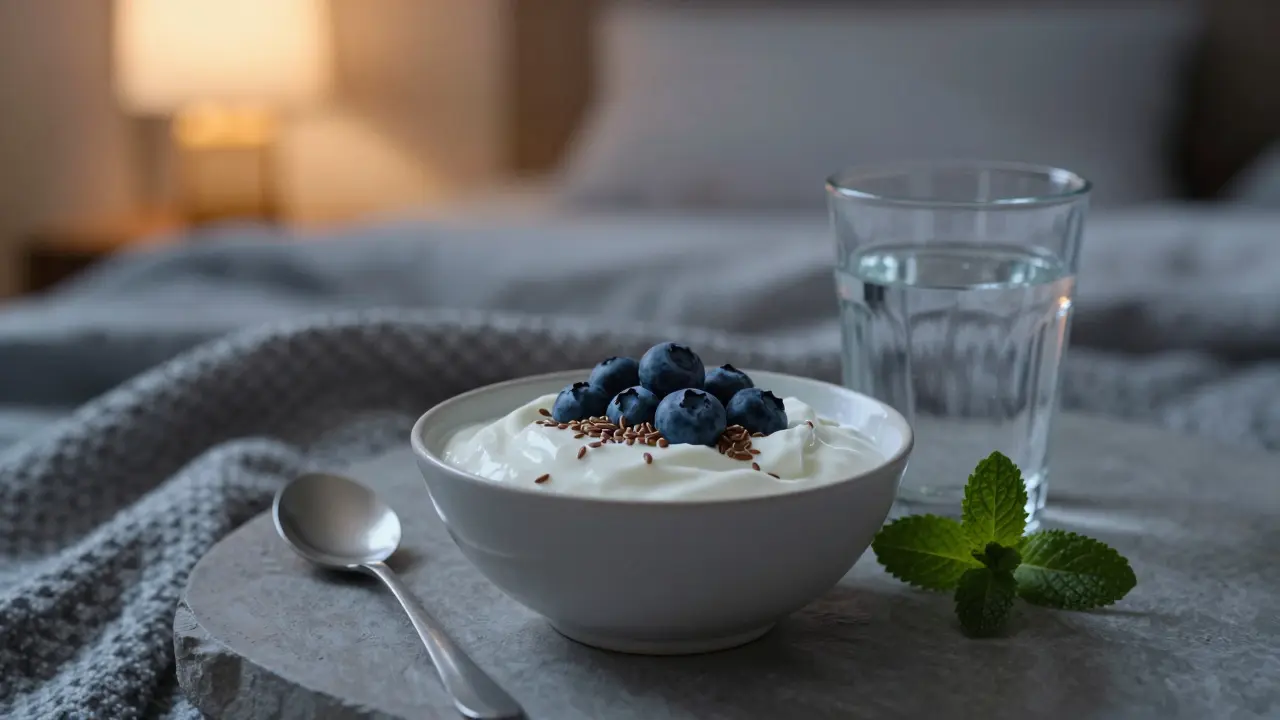 Misky s řeckým jogurtem, borůvkami a lněným semínkem v uklidňujícím prostředí.